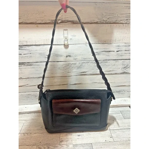 Brighton Two Tone Leather Shoulder Handbag Purse Black Brown floral interior - Picture 13 of 13